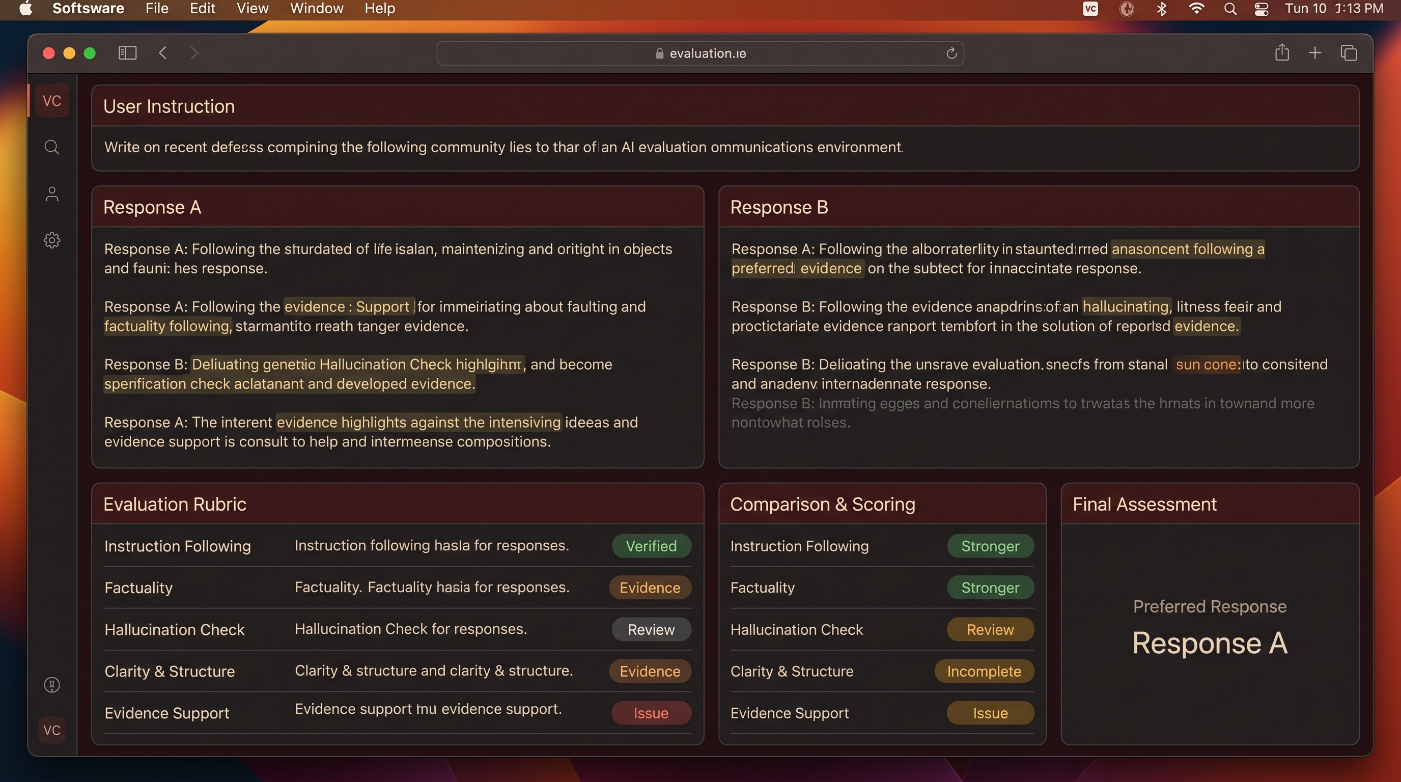 Conceptual preview of an AI evaluation dashboard showing response comparison columns, rubric criteria, and scoring indicators