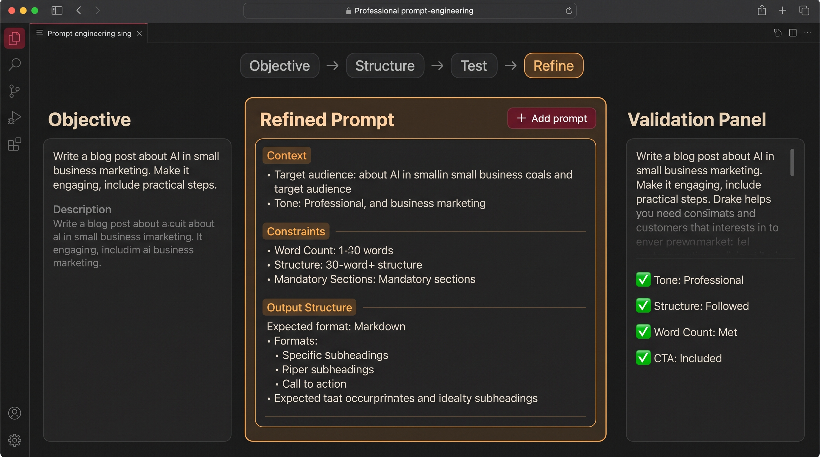 Conceptual preview of a prompt design workspace showing objective, context, constraints, output format, and iterative refinement flow