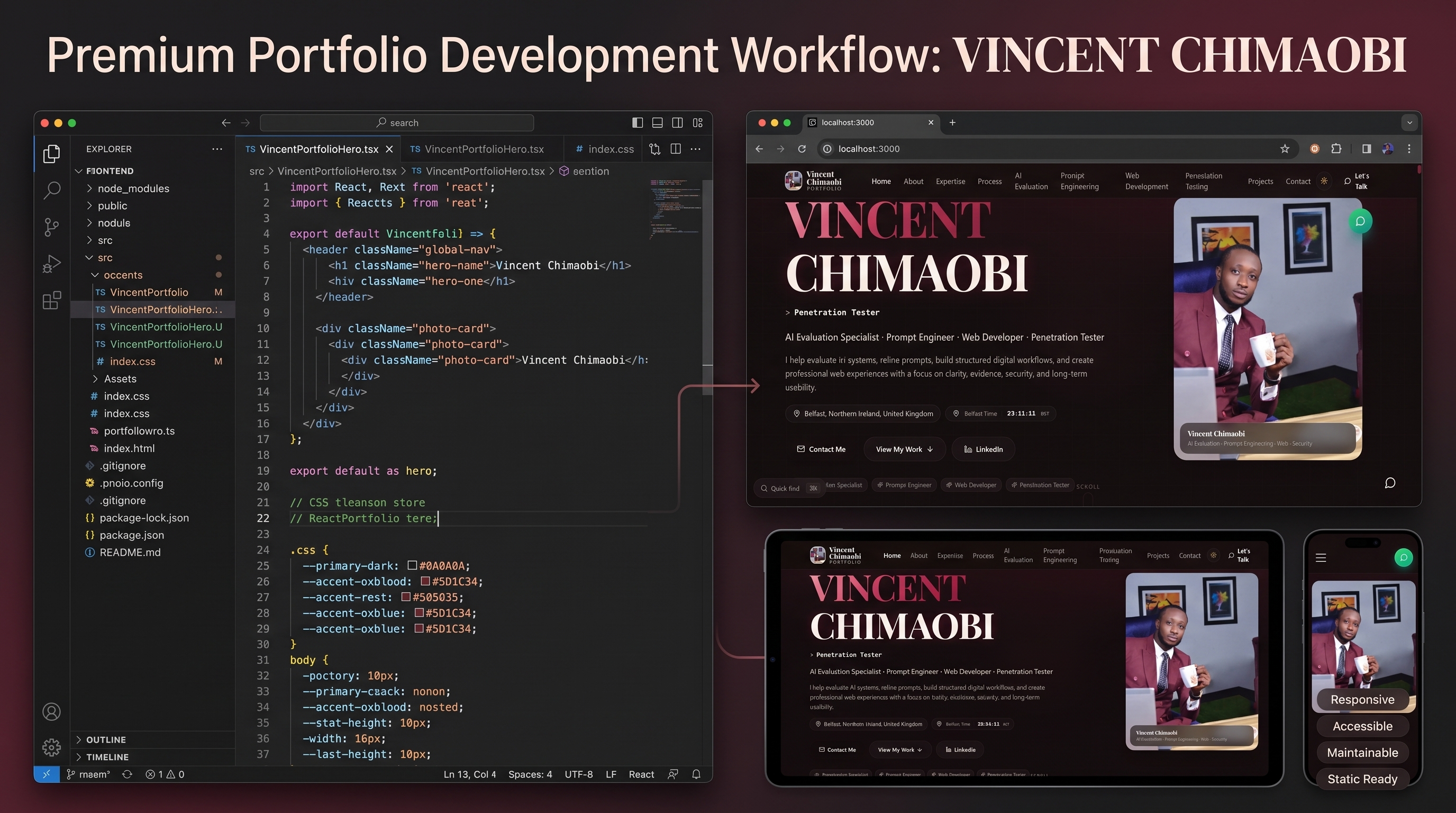 Conceptual preview of a modern responsive web interface with desktop and mobile frames, section blocks, and colour tokens