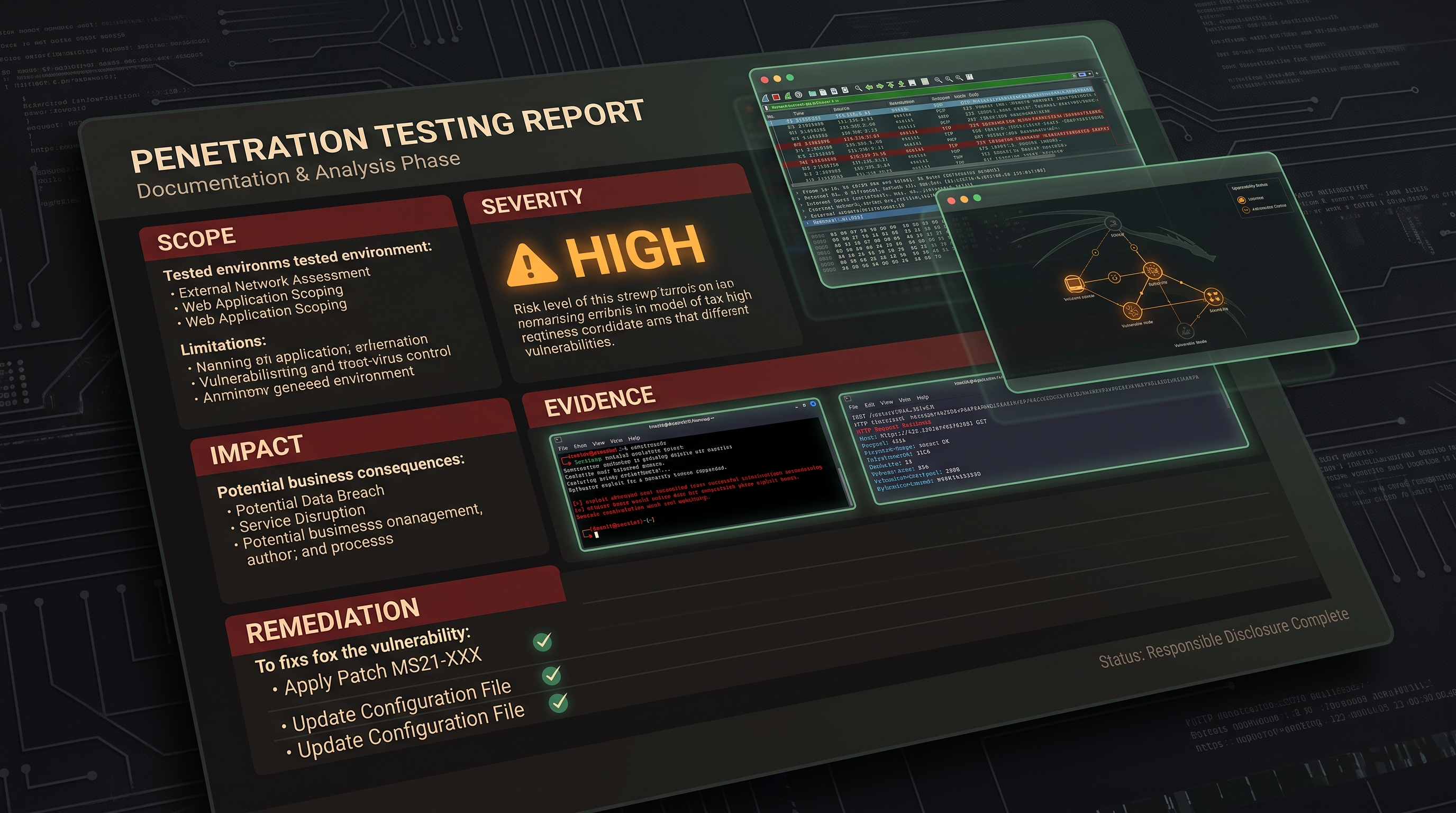 Conceptual preview of a responsible disclosure reporting interface showing findings, severity indicators, reproduction steps, evidence blocks, and remediation guidance