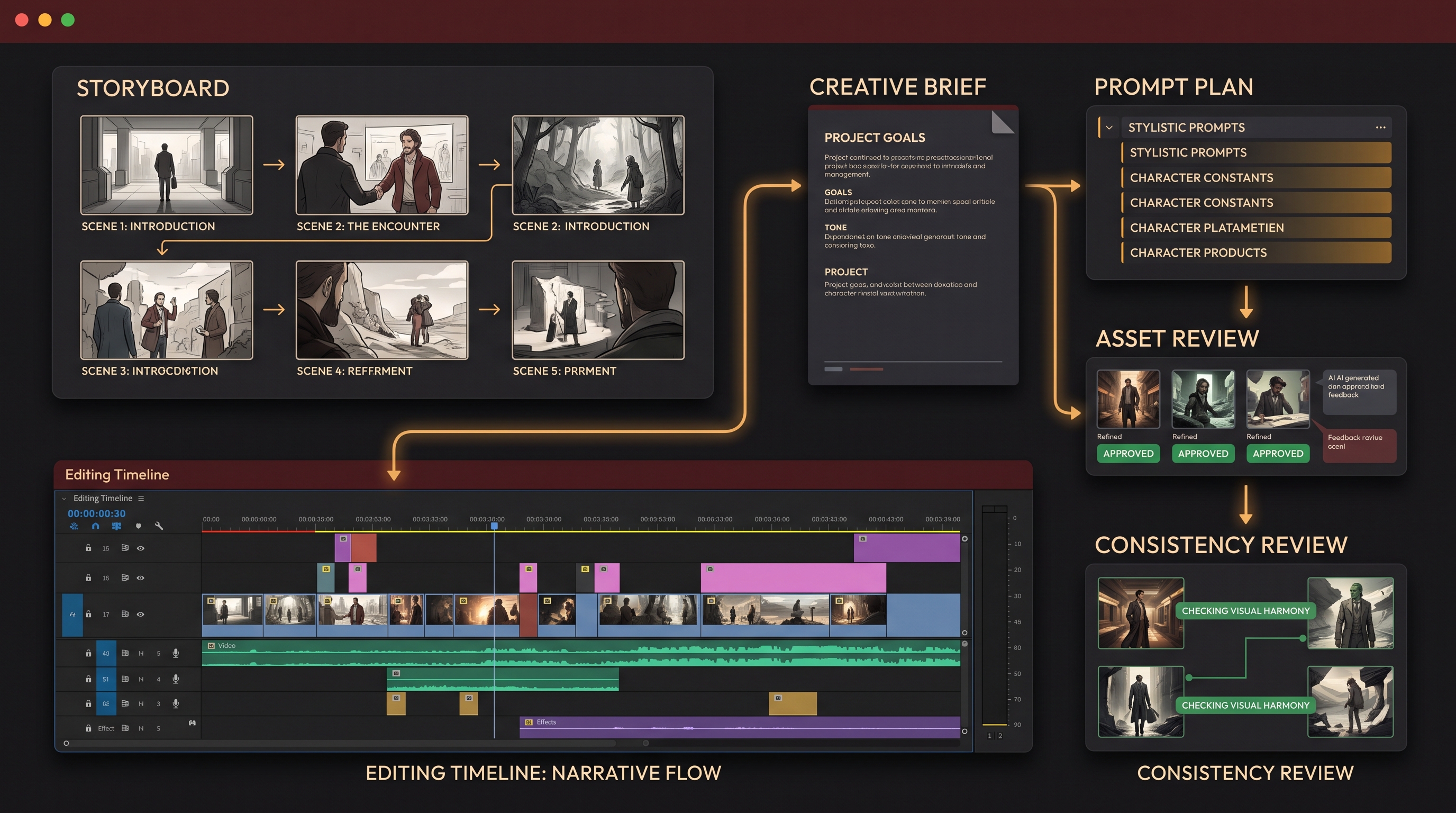 Conceptual preview of a creative production workflow showing story structure, prompt stages, image/video generation steps, review checks, and publication pipeline